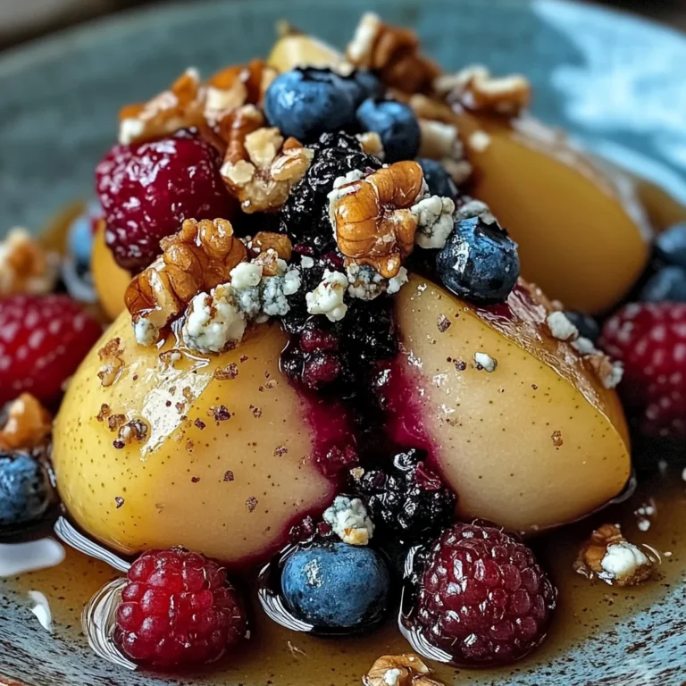 Baked Pears with Berries, Honey, Walnuts & Blue Cheese